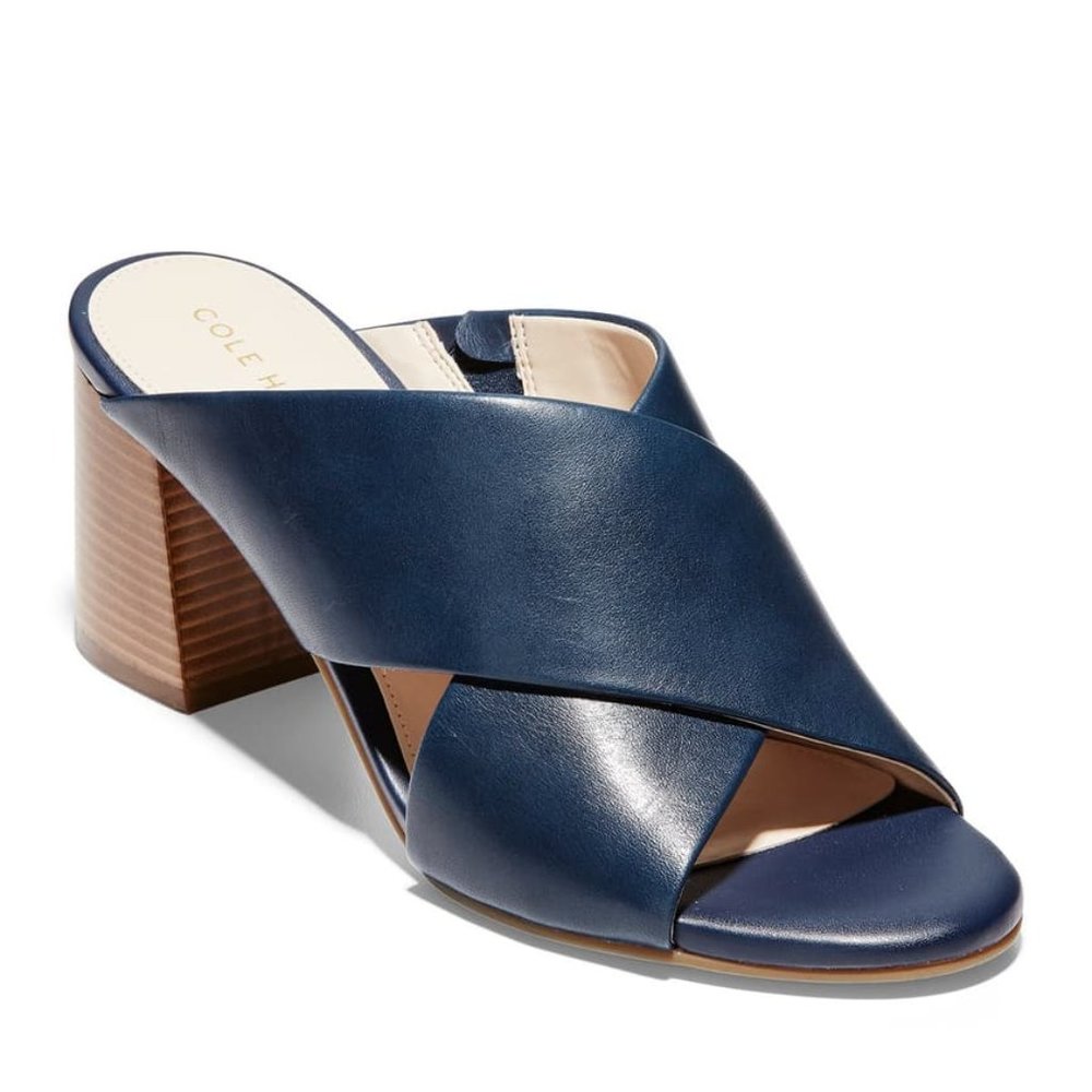 Cole Haan Navy Leather Crisscross Block Heel Sandals